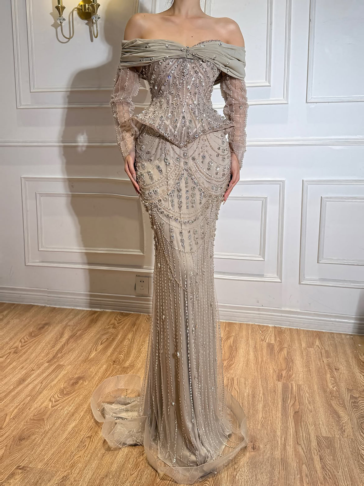 Luxury Caramel  Crystal Beaded Mermaid Off Shoulder Evening Dress LA73686A