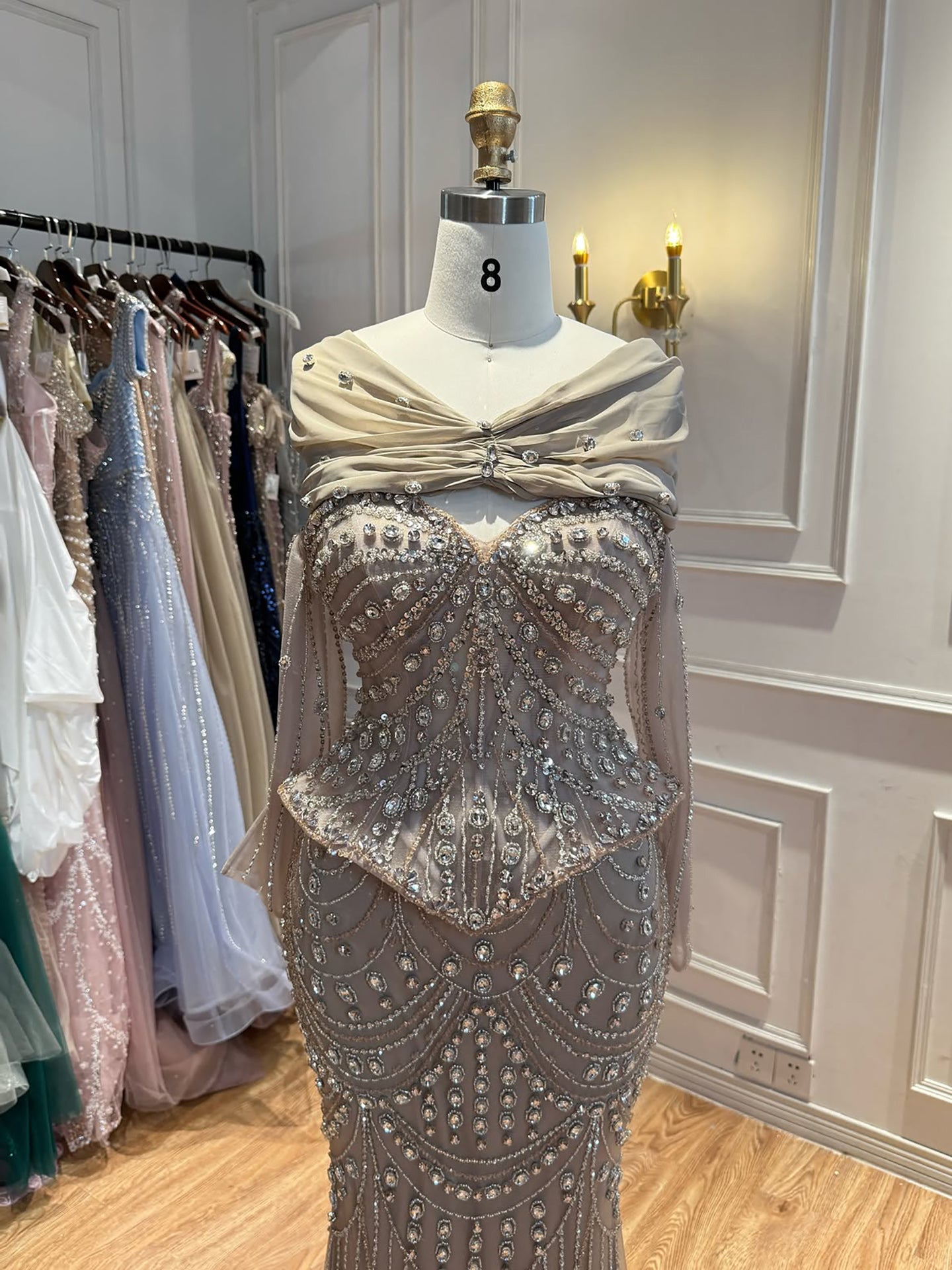 Luxury Caramel  Crystal Beaded Mermaid Off Shoulder Evening Dress LA73686A