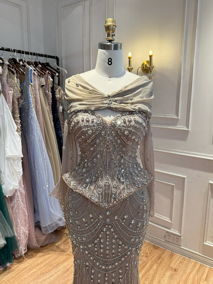 Luxury Caramel  Crystal Beaded Mermaid Off Shoulder Evening Dress LA73686A