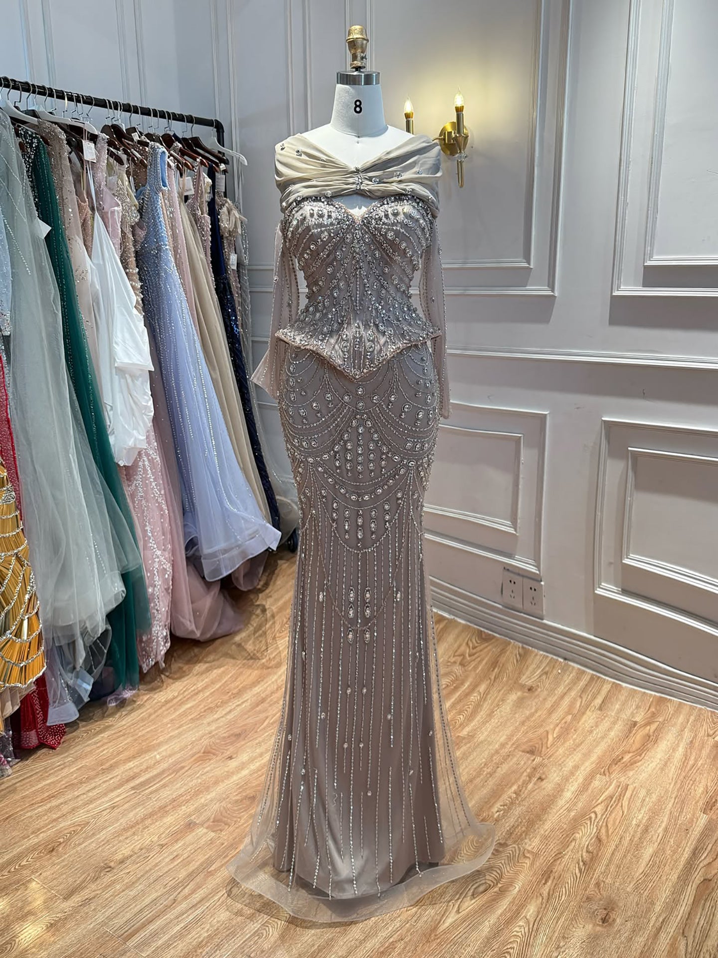 Luxury Caramel  Crystal Beaded Mermaid Off Shoulder Evening Dress LA73686A