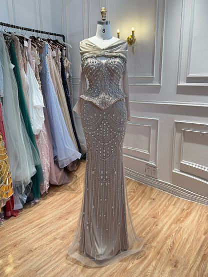 Luxury Caramel  Crystal Beaded Mermaid Off Shoulder Evening Dress LA73686A