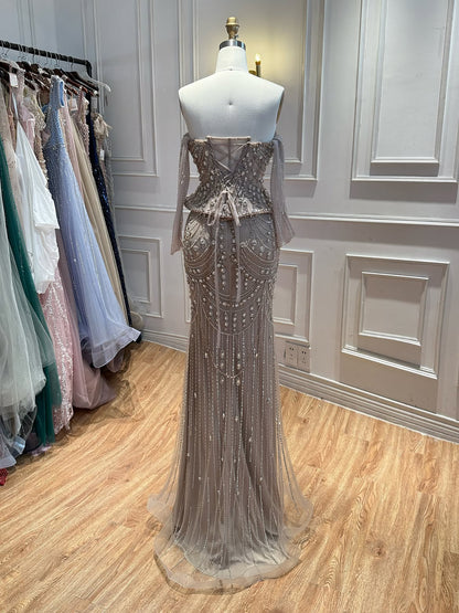 Luxury Caramel  Crystal Beaded Mermaid Off Shoulder Evening Dress LA73686A