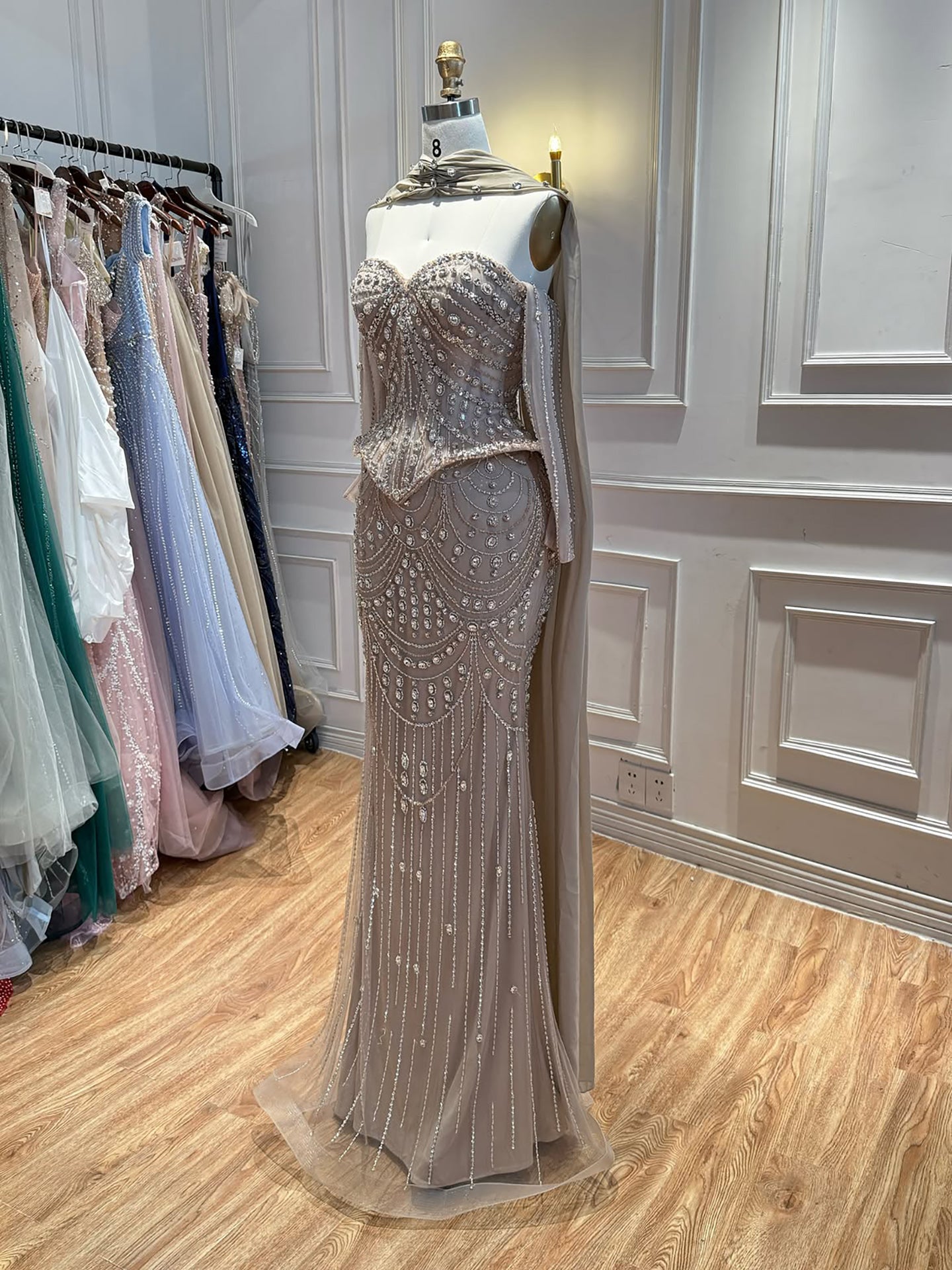 Luxury Caramel  Crystal Beaded Mermaid Off Shoulder Evening Dress LA73686A