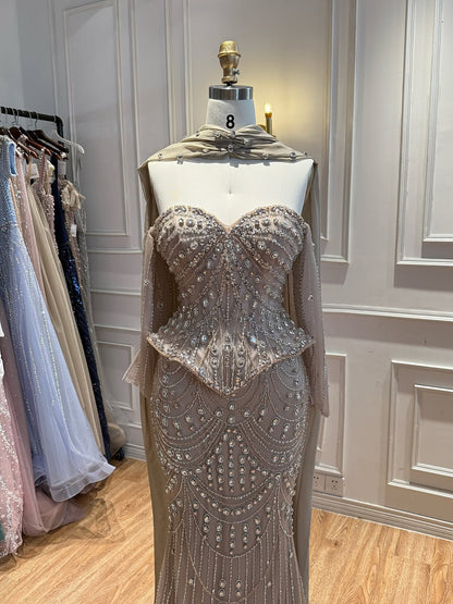 Luxury Caramel  Crystal Beaded Mermaid Off Shoulder Evening Dress LA73686A