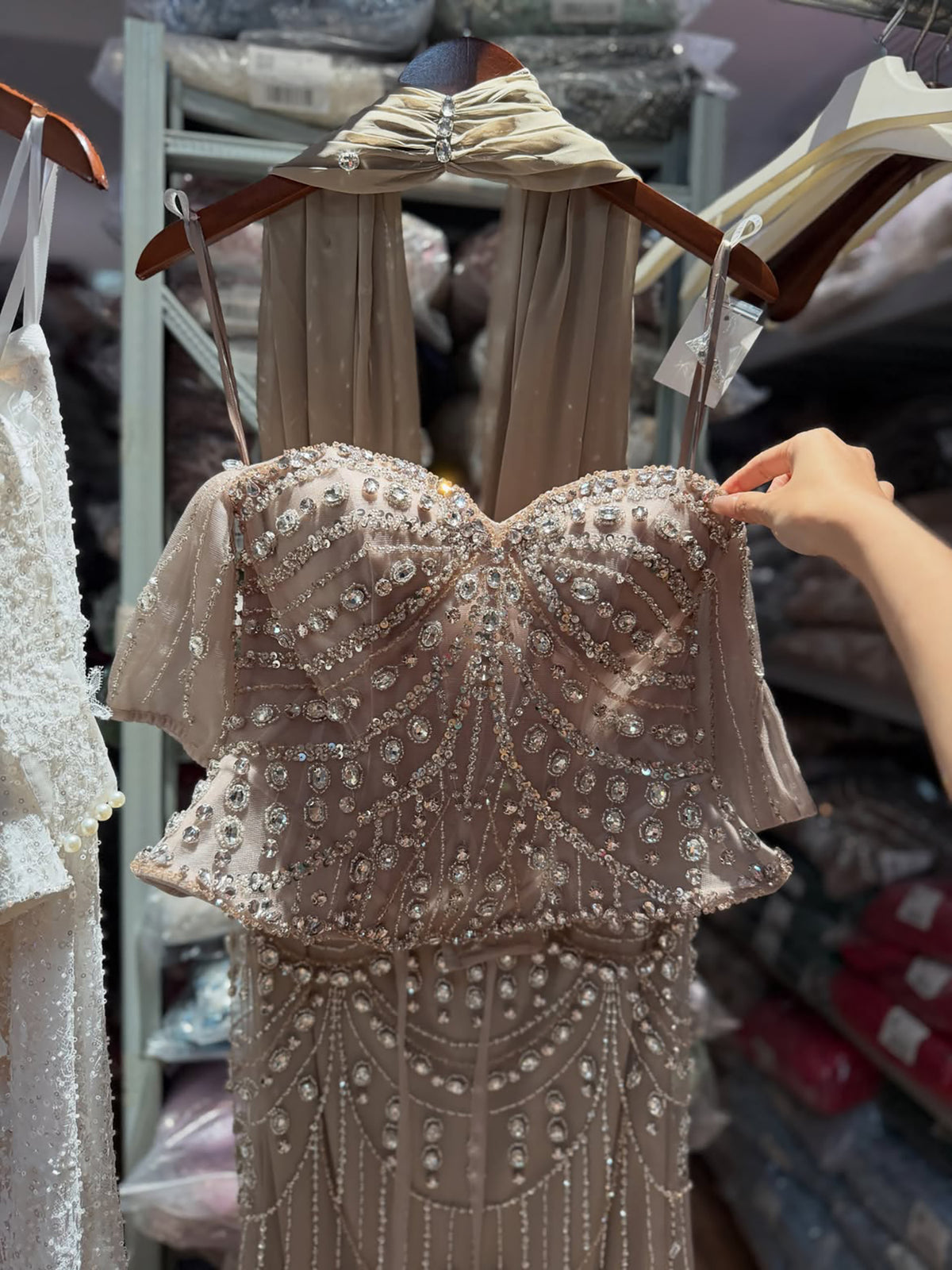 Luxury Caramel  Crystal Beaded Mermaid Off Shoulder Evening Dress LA73686A