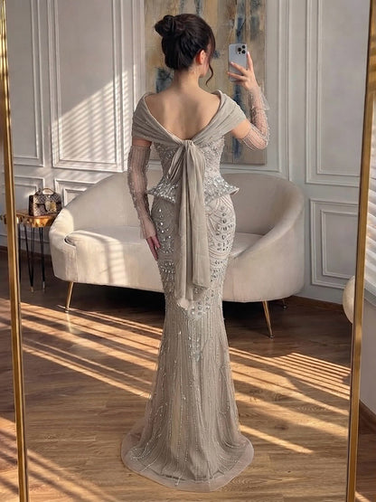 Luxury Caramel  Crystal Beaded Mermaid Off Shoulder Evening Dress LA73686A