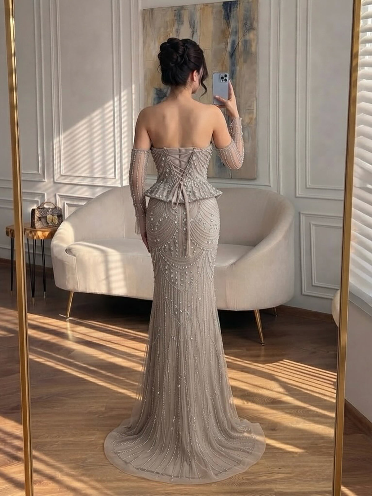 Luxury Caramel  Crystal Beaded Mermaid Off Shoulder Evening Dress LA73686A