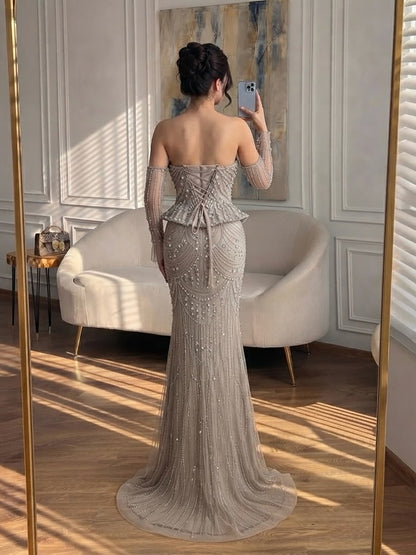 Luxury Caramel  Crystal Beaded Mermaid Off Shoulder Evening Dress LA73686A