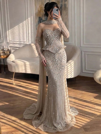 Luxury Caramel  Crystal Beaded Mermaid Off Shoulder Evening Dress LA73686A