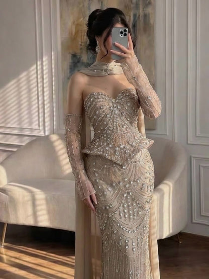 Luxury Caramel  Crystal Beaded Mermaid Off Shoulder Evening Dress LA73686A
