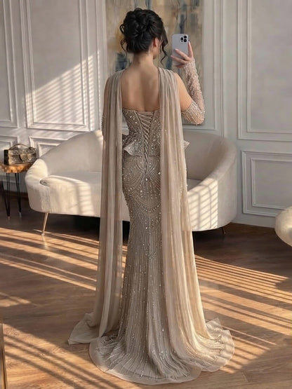 Luxury Caramel  Crystal Beaded Mermaid Off Shoulder Evening Dress LA73686A