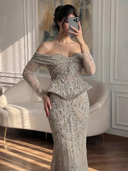 Luxury Caramel  Crystal Beaded Mermaid Off Shoulder Evening Dress LA73686A