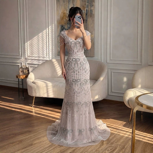 Luxury Pink Crystal Tassel Beaded Bow Mermaid Evening Dress LA73696A