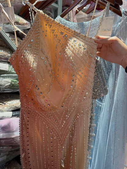 Luxury Gold Halter Crystal Mermaid Evening Dress LA73687