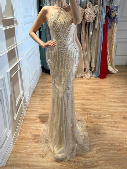 Luxury Gold Halter Crystal Mermaid Evening Dress LA73687
