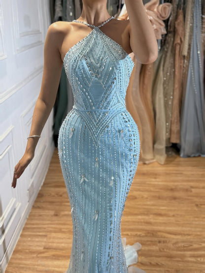 Luxury Gold Halter Crystal Mermaid Evening Dress LA73687