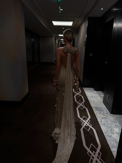 Luxury Gold Halter Crystal Mermaid Evening Dress LA73687