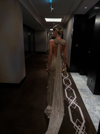 Luxury Gold Halter Crystal Mermaid Evening Dress LA73687