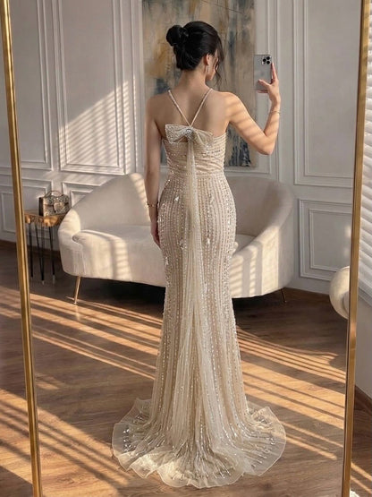 Luxury Gold Halter Crystal Mermaid Evening Dress LA73687