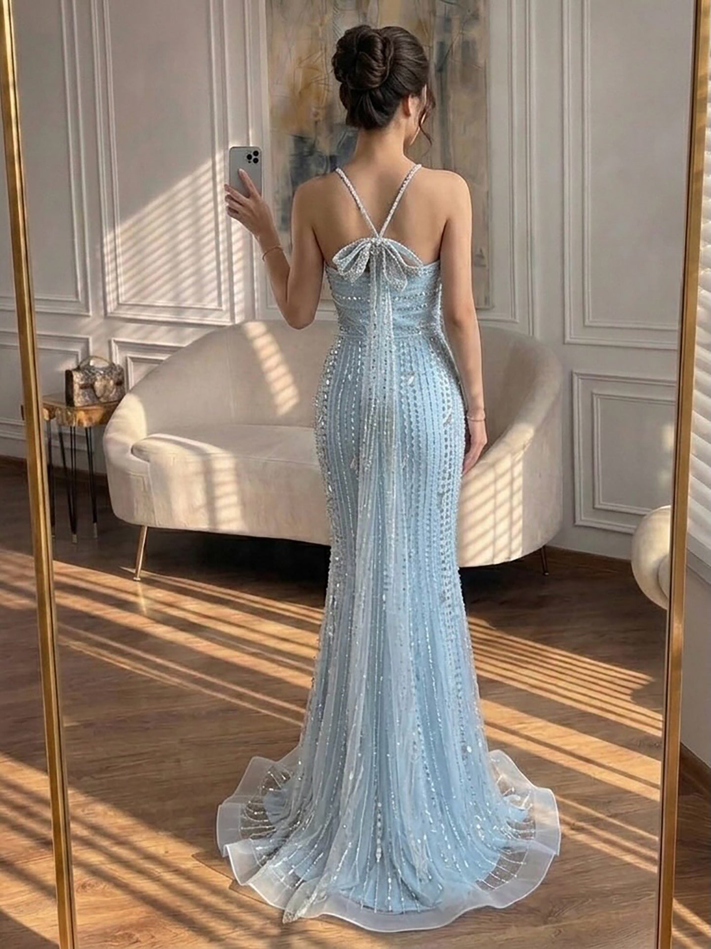 Luxury Gold Halter Crystal Mermaid Evening Dress LA73687