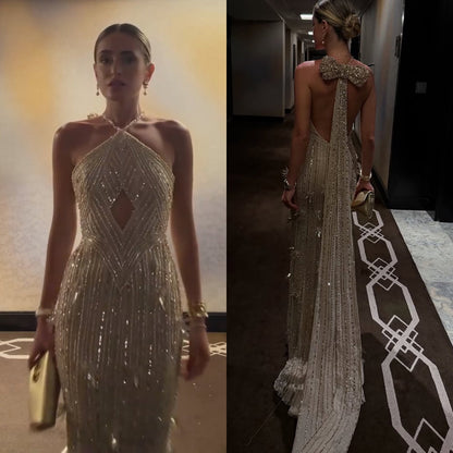 Luxury Gold Halter Crystal Mermaid Evening Dress LA73687