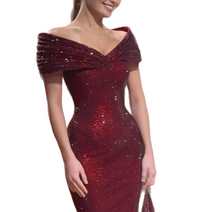 Luxury Wine Red Off Shoulder Mermaid Evening Dress LA73689