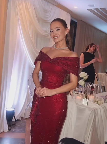 Luxury Wine Red Off Shoulder Mermaid Evening Dress LA73689