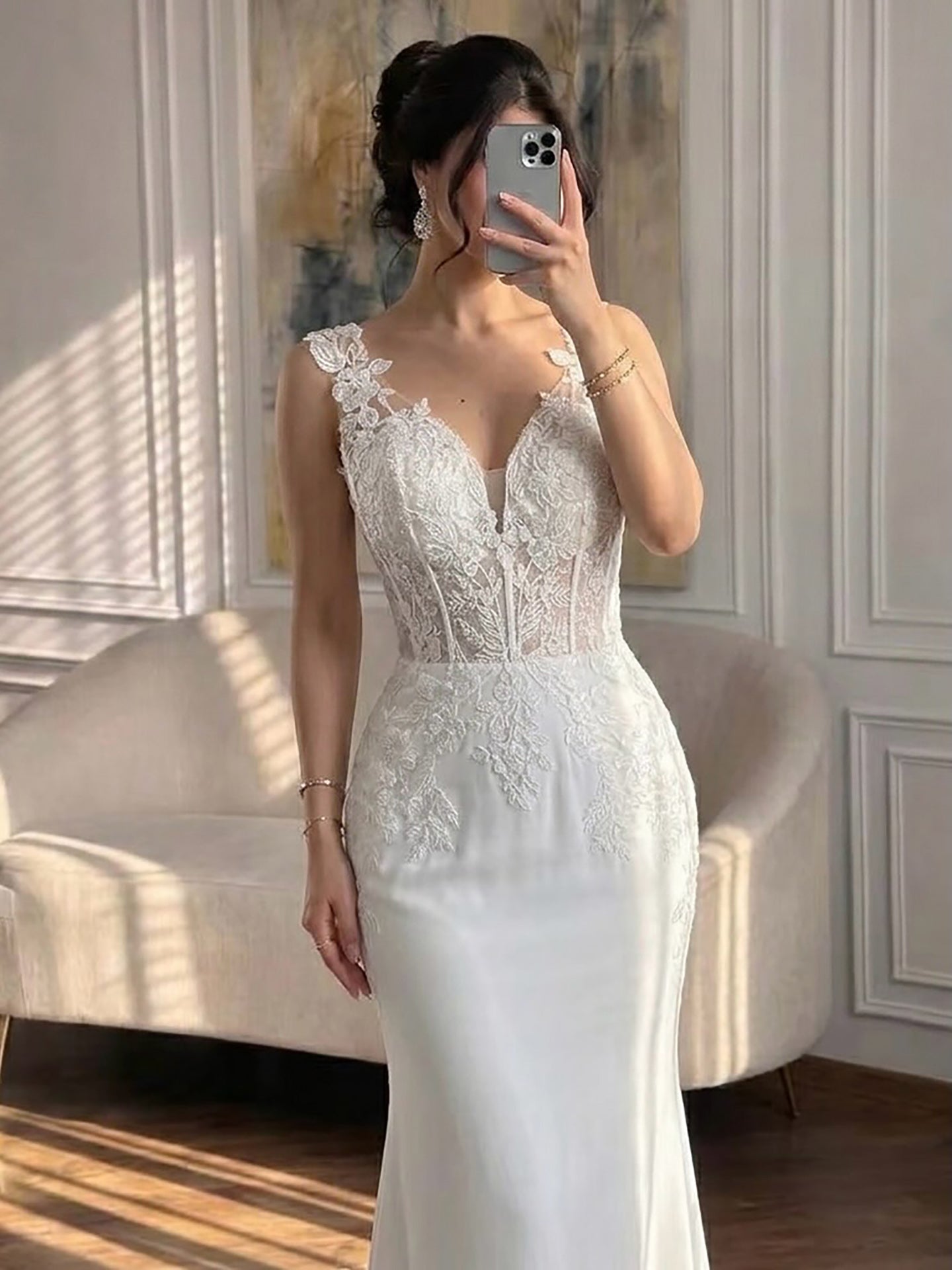 Luxury White V Neck See Through Lace Mermaid Dress LA73690