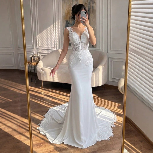 Luxury White V Neck See Through Lace Mermaid Dress LA73690