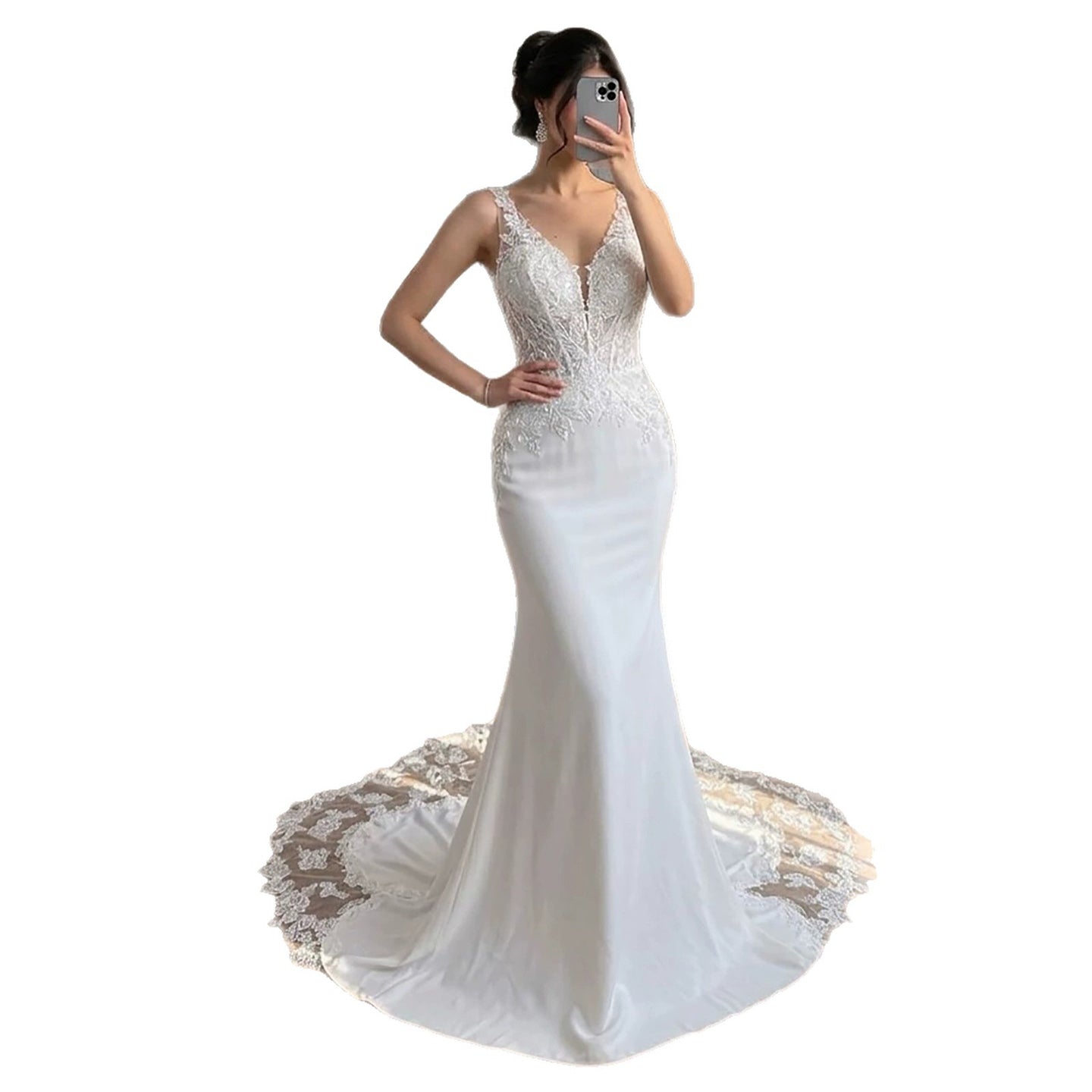 Luxury White V Neck Lace Bodice Zipper Back Mermaid Dress LA73690A