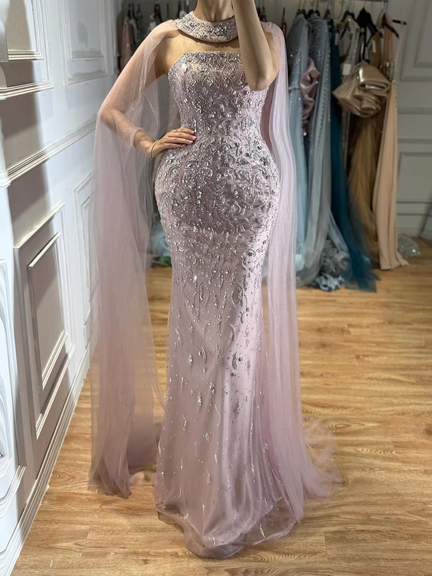 Luxury Blue Crystal Beaded Mermaid Evening Dress With Cape Sleeves LA73692