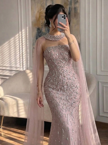 Luxury Blue Crystal Beaded Mermaid Evening Dress With Cape Sleeves LA73692