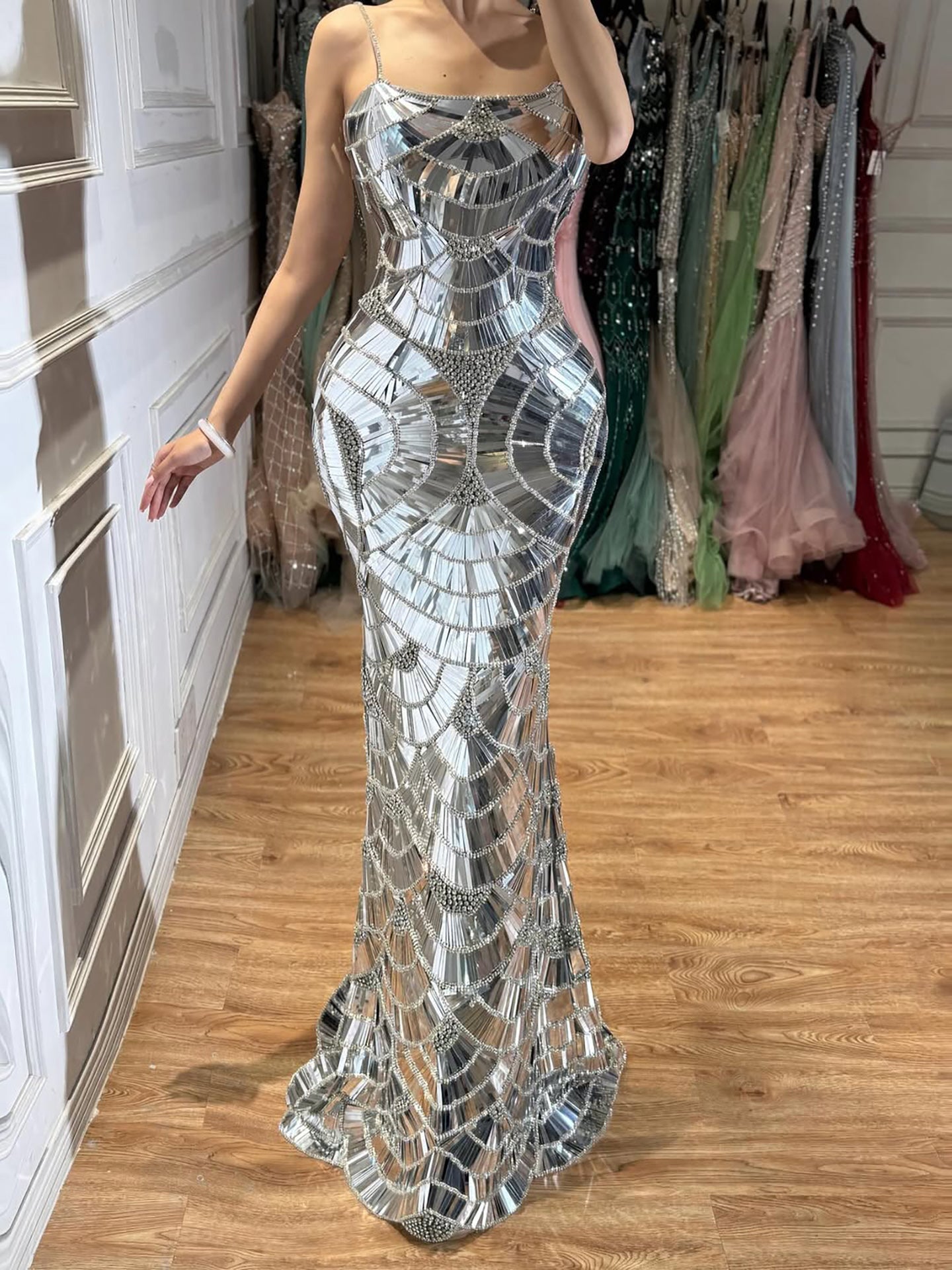Luxury Silver Mirror Crystal Mermaid Evening Dress LA73693