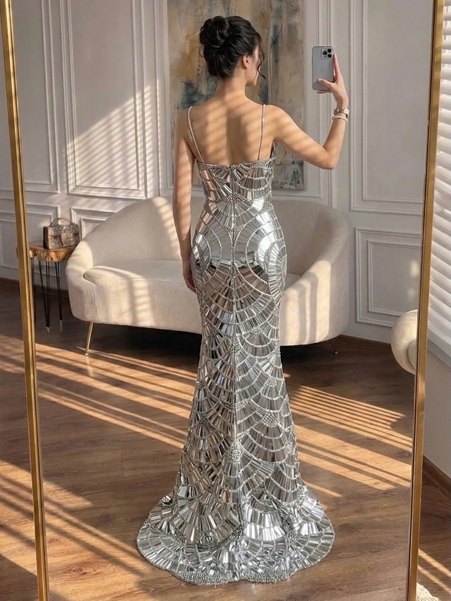 Luxury Silver Mirror Crystal Mermaid Evening Dress LA73693