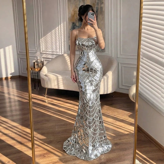 Luxury Silver Mirror Crystal Mermaid Evening Dress LA73693