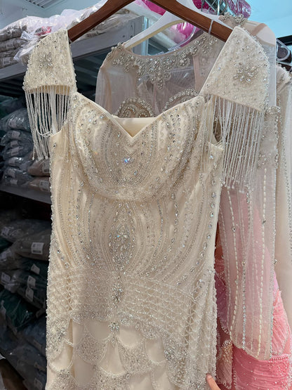Luxury Beige Crystal Beaded Mermaid Evening Dress Tassel Sleeve LA73694