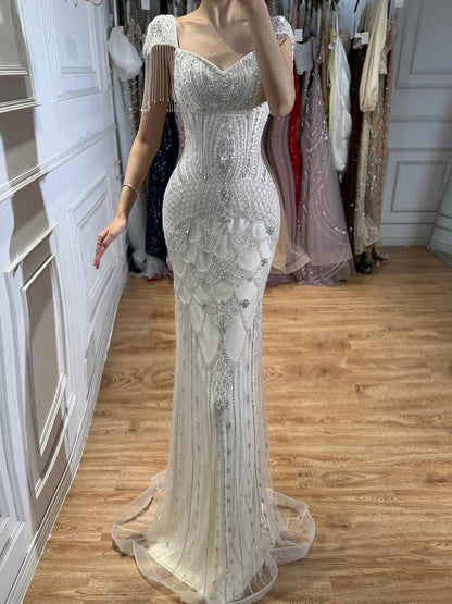 Luxury Beige Crystal Beaded Mermaid Evening Dress Tassel Sleeve LA73694