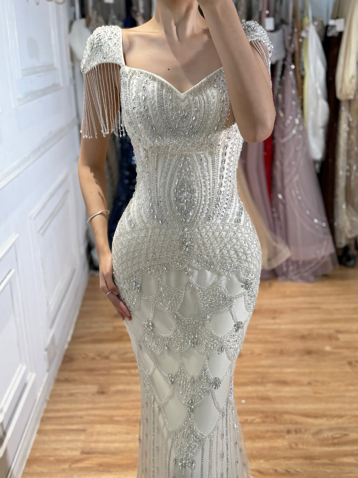 Luxury Beige Crystal Beaded Mermaid Evening Dress Tassel Sleeve LA73694