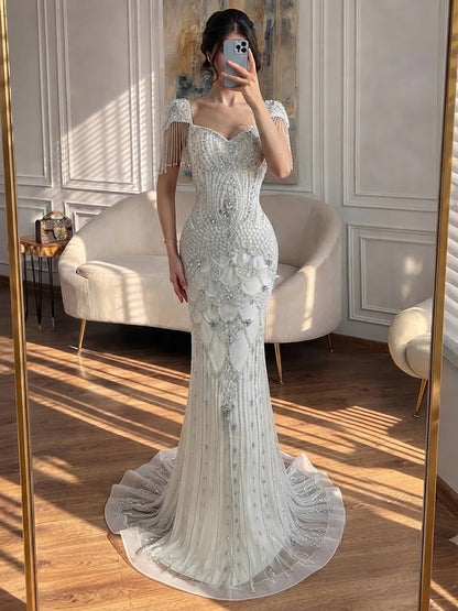 Luxury Beige Crystal Beaded Mermaid Evening Dress Tassel Sleeve LA73694