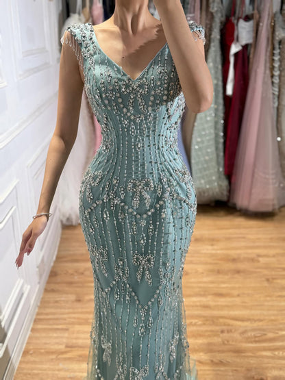 Luxury Pink Crystal Beaded Mermaid Deep V Evening Dress LA73696