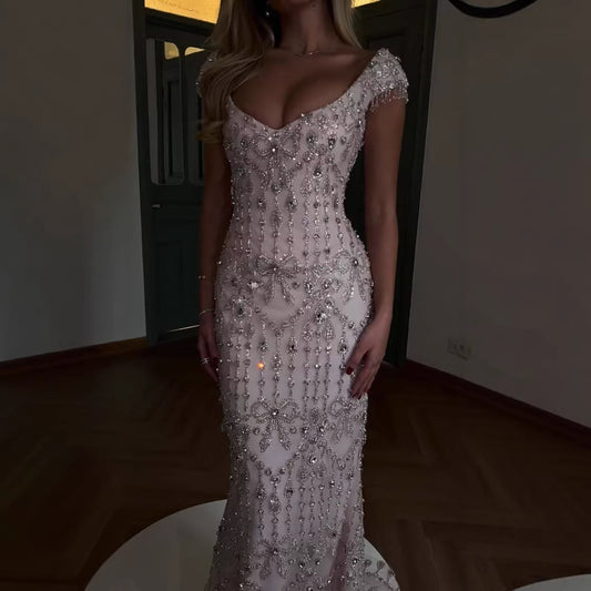 Luxury Pink Crystal Beaded Mermaid Deep V Evening Dress LA73696