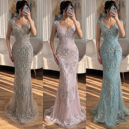 Luxury Pink Crystal Beaded Mermaid Deep V Evening Dress LA73696