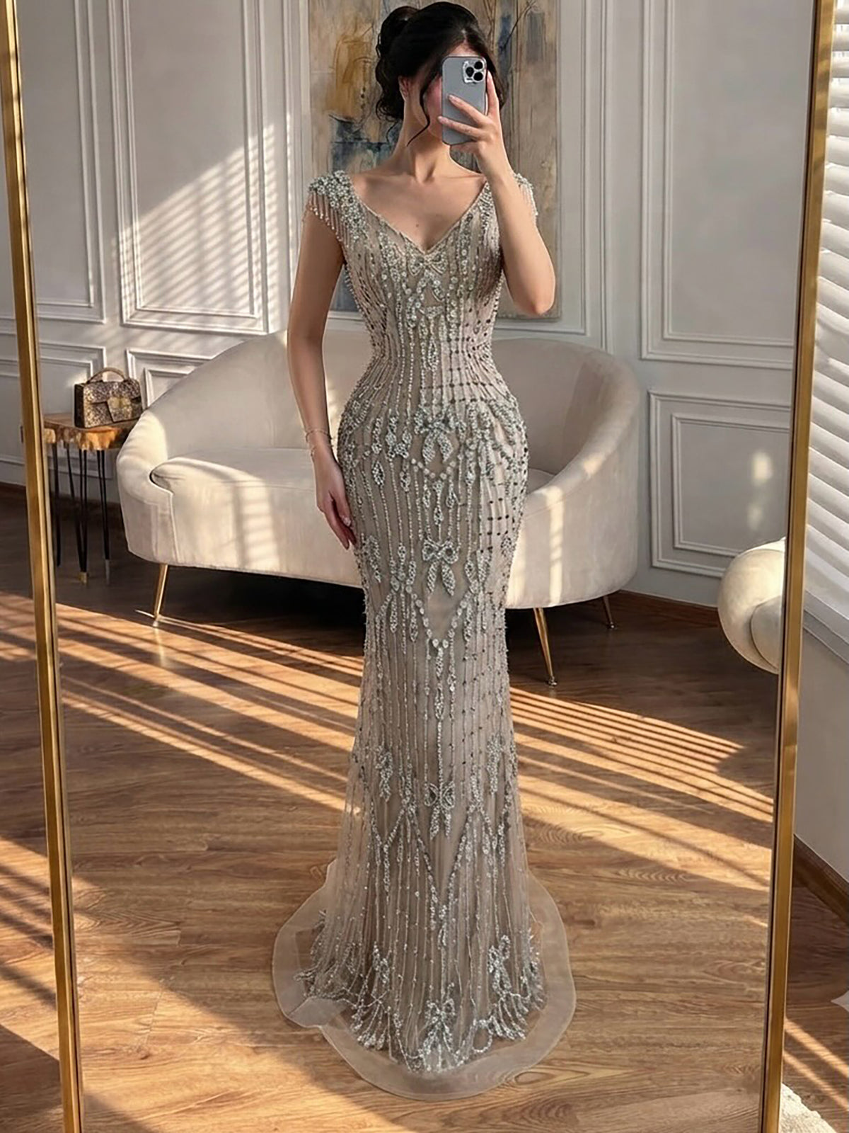 Luxury Pink Crystal Beaded Mermaid Deep V Evening Dress LA73696