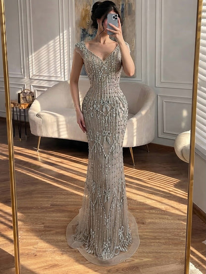 Luxury Pink Crystal Beaded Mermaid Deep V Evening Dress LA73696