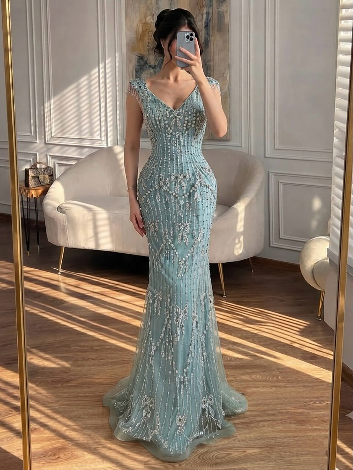 Luxury Pink Crystal Beaded Mermaid Deep V Evening Dress LA73696