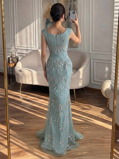 Luxury Pink Crystal Beaded Mermaid Deep V Evening Dress LA73696
