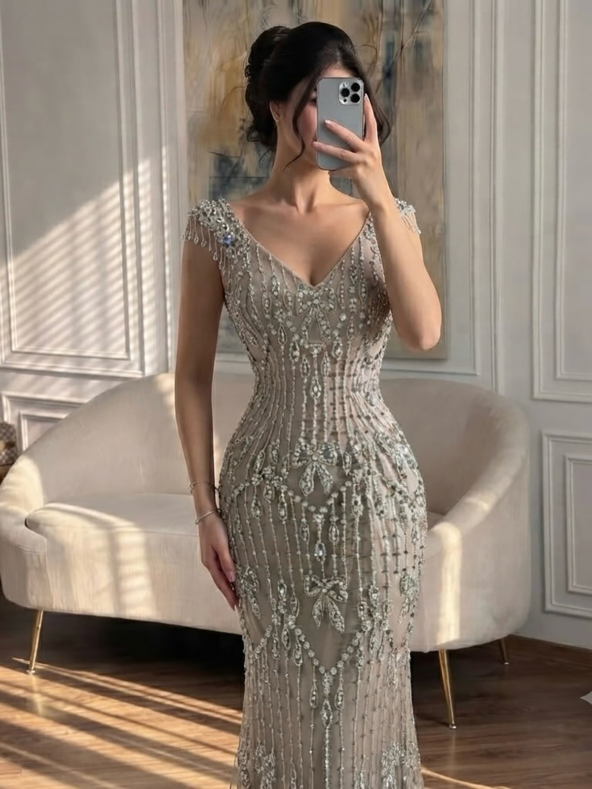 Luxury Pink Crystal Beaded Mermaid Deep V Evening Dress LA73696