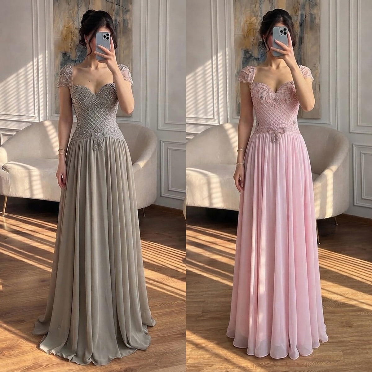 Elegant Caramel Beaded Chiffon A Line Sweetheart Evening Dress LA73698