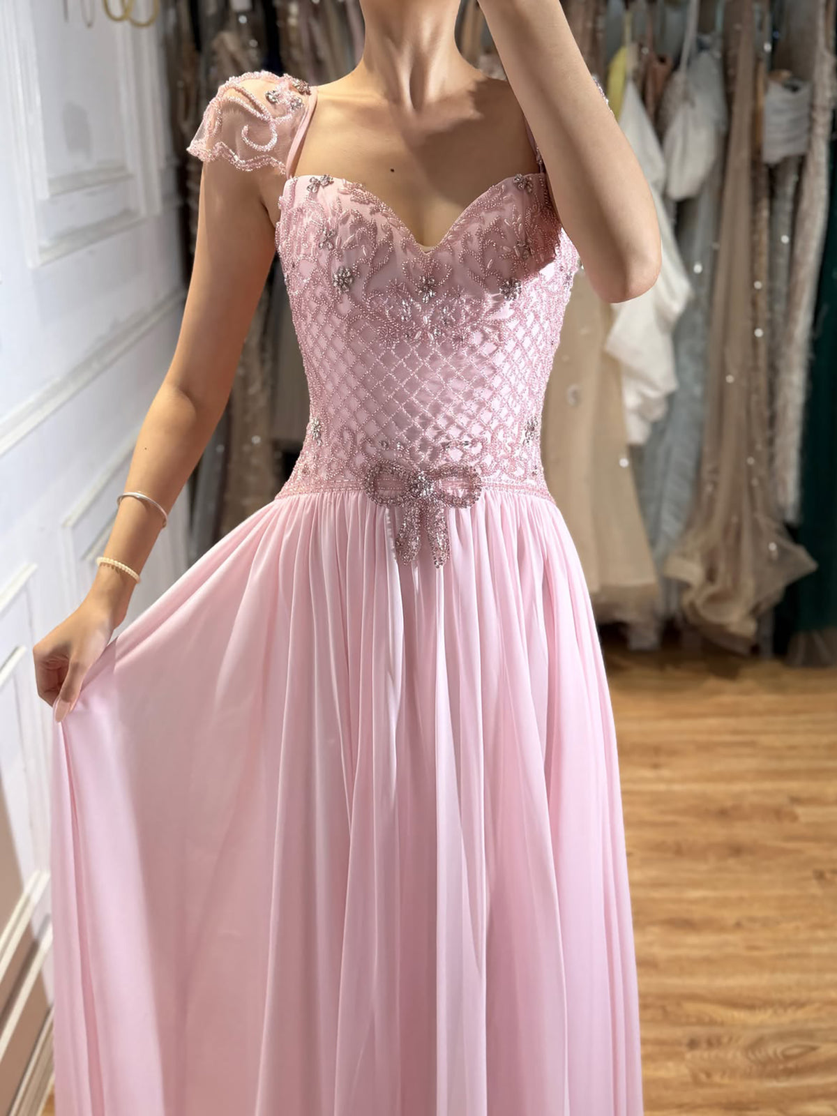 Elegant Caramel Beaded Chiffon A Line Sweetheart Evening Dress LA73698