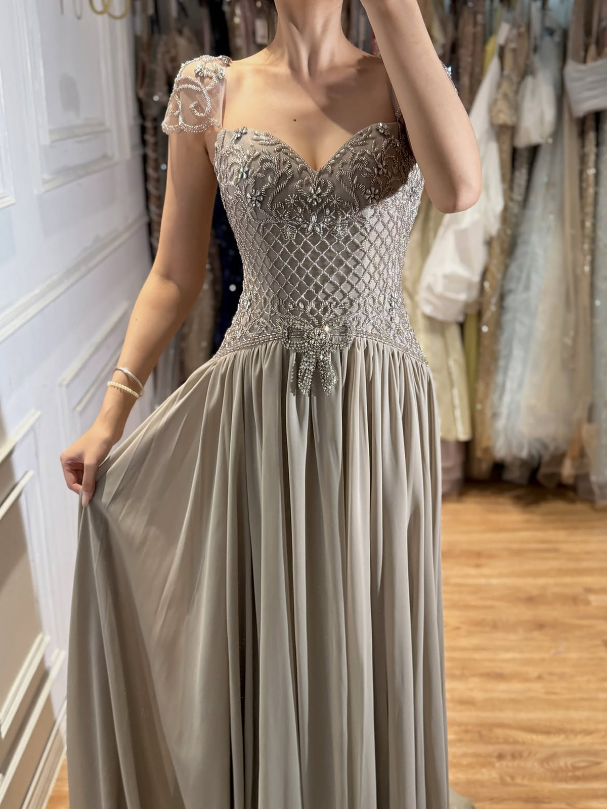 Elegant Caramel Beaded Chiffon A Line Sweetheart Evening Dress LA73698
